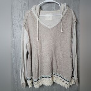 We The Free Beige Hooded Knit Sweater with Fringe